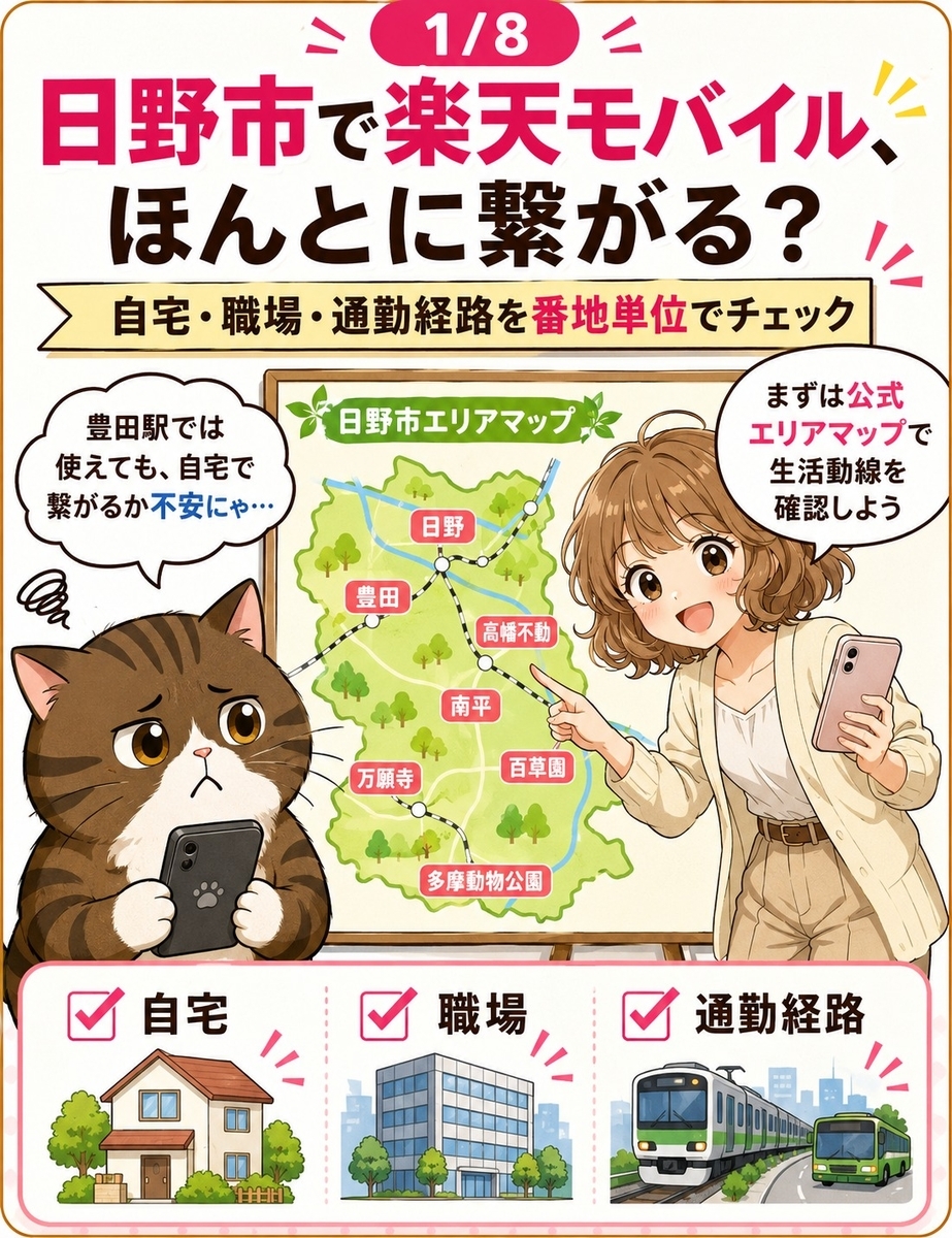 日野市で楽天モバイルが繋がるか不安な人に向けて、自宅・職場・通勤経路を公式エリアマップで確認する必要を説明する画像。
