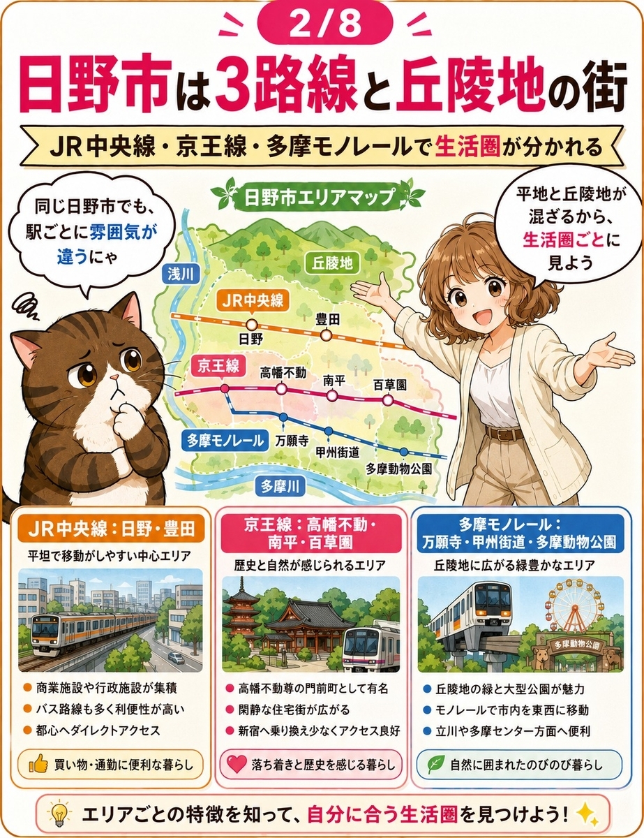 日野市の通信環境について、JR中央線、京王線、多摩都市モノレール、浅川、多摩川、多摩丘陵の特徴を整理した画像。