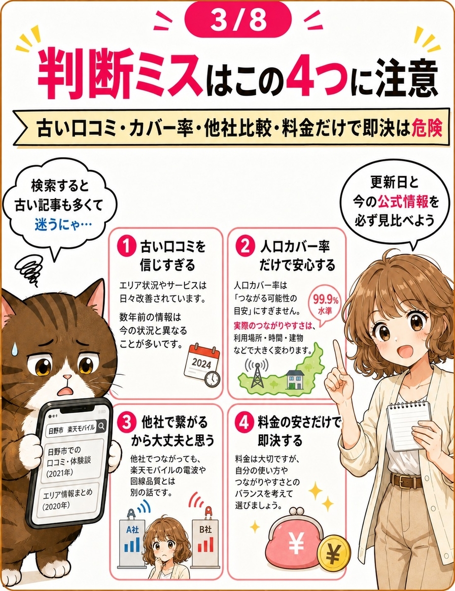 日野市で楽天モバイルを検討するときに、古い口コミ、全国カバー率、料金の安さだけで判断しないよう注意する画像。