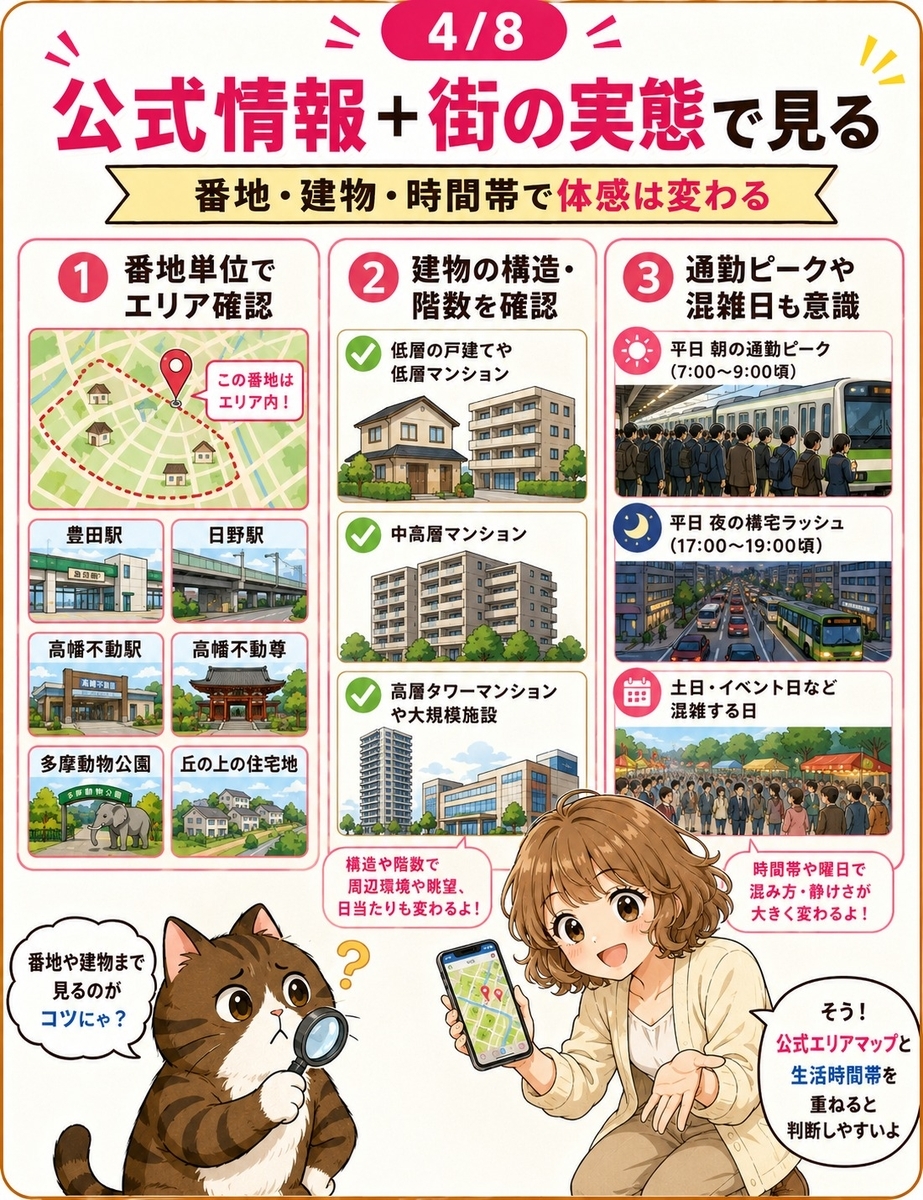 楽天モバイル公式エリアマップ、建物の構造や階数、豊田駅や高幡不動駅の時間帯による通信体感の違いを説明する画像。