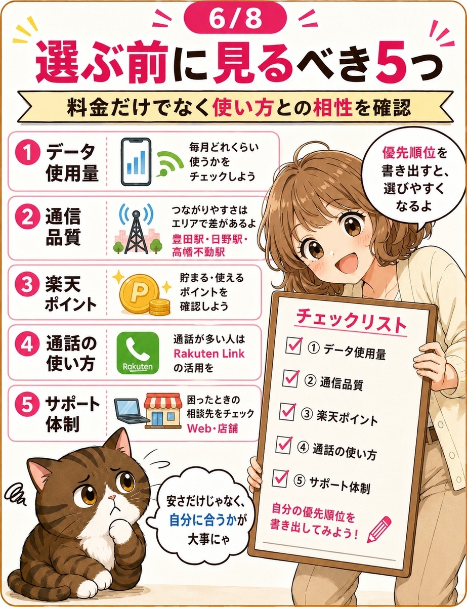 日野で楽天モバイルを選ぶ前に、データ使用量、通信品質、楽天ポイント、通話、サポート体制を確認する画像。