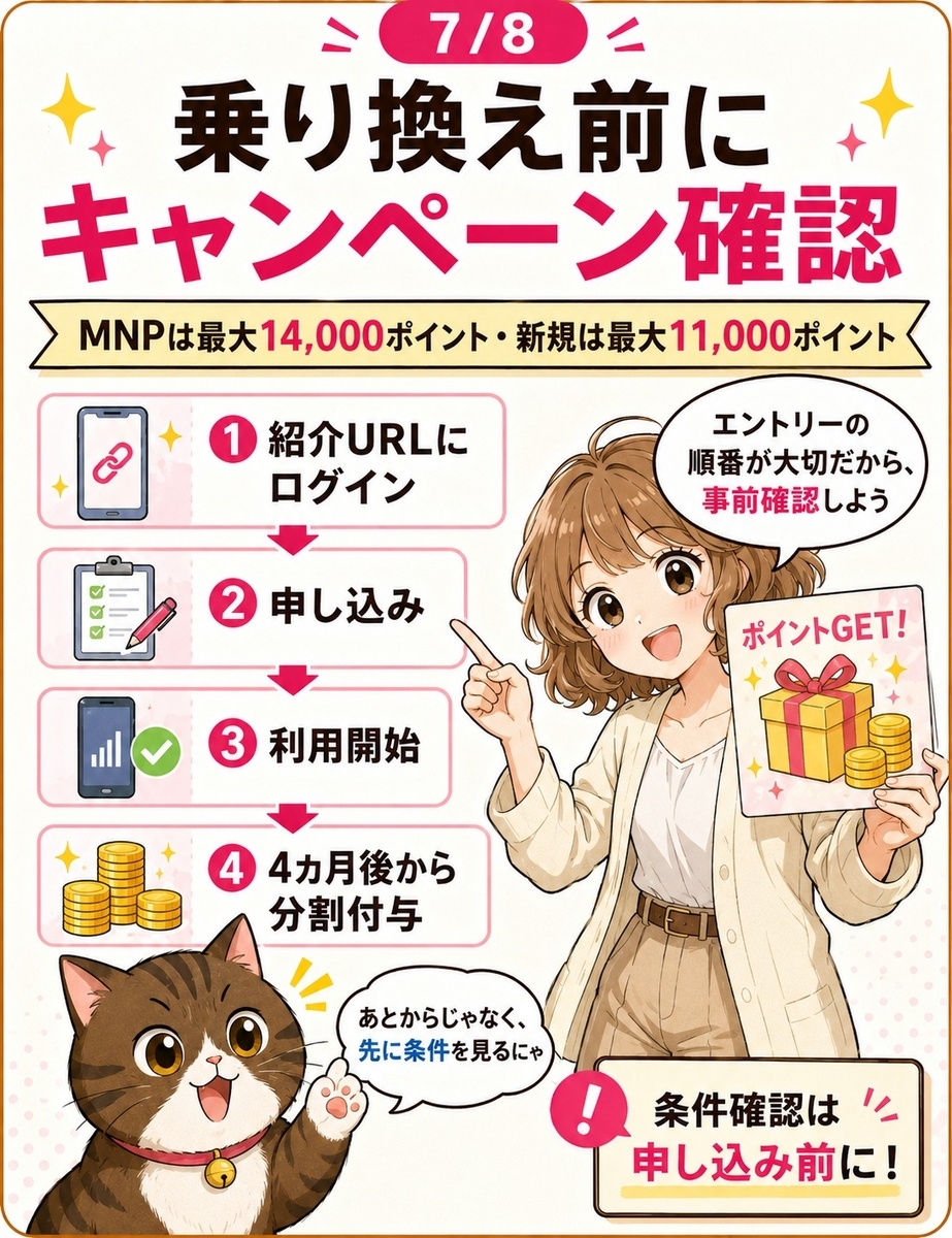 楽天モバイル従業員紹介キャンペーンについて、紹介URLログイン、申込、条件確認、ポイント分割付与を説明する画像。