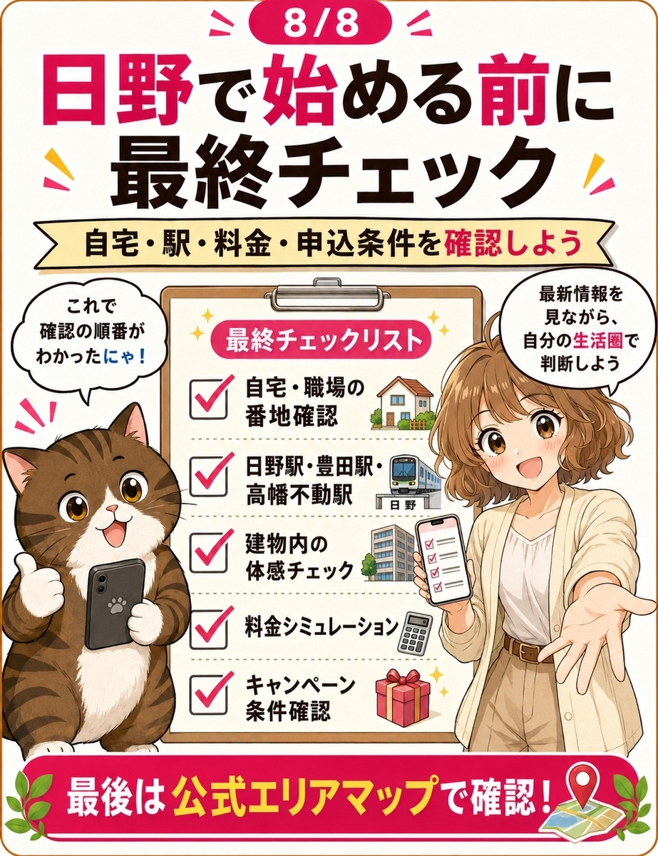 日野市で楽天モバイルを始める前に、自宅、駅、観光地混雑、料金、キャンペーン条件を確認する流れをまとめた最終チェック画像。