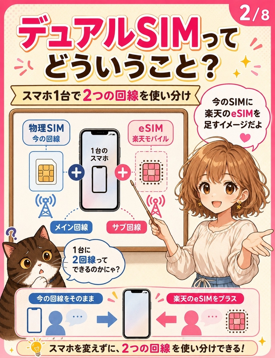 スマホ1台に今のメイン回線と楽天モバイルのeSIMを入れて、2回線を使い分けるデュアルSIMの仕組みを説明する画像。