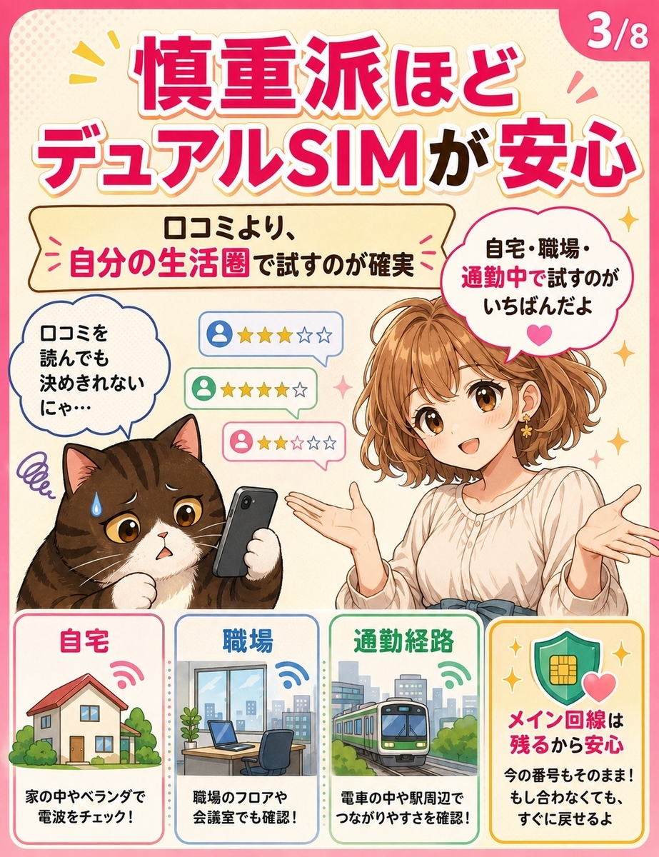 楽天モバイルの口コミだけで判断せず、自宅、職場、通勤経路など自分の生活圏で試す重要性を説明する画像。
