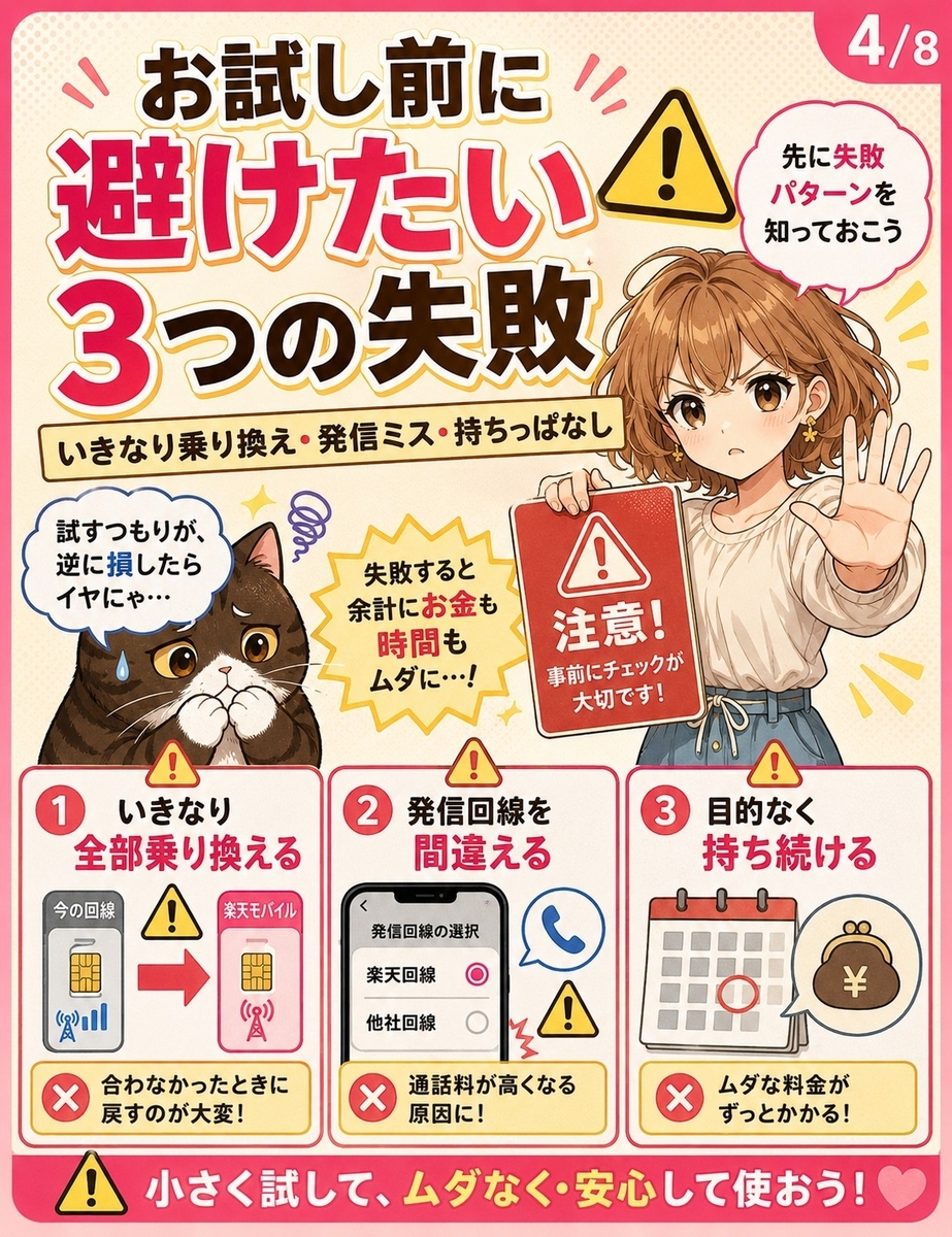 楽天モバイルをデュアルSIMで試す前に、いきなり乗り換える、発信回線を間違える、目的なく持ち続ける失敗を防ぐ画像。