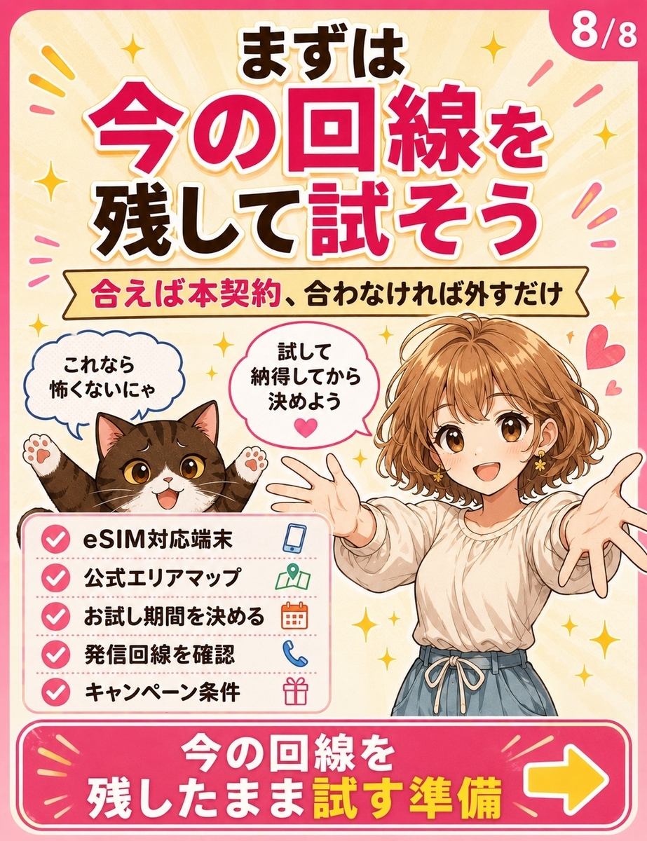 今の回線を残したまま楽天モバイルを試し、合えば本契約、合わなければ外すという流れを最終チェックとしてまとめた画像。