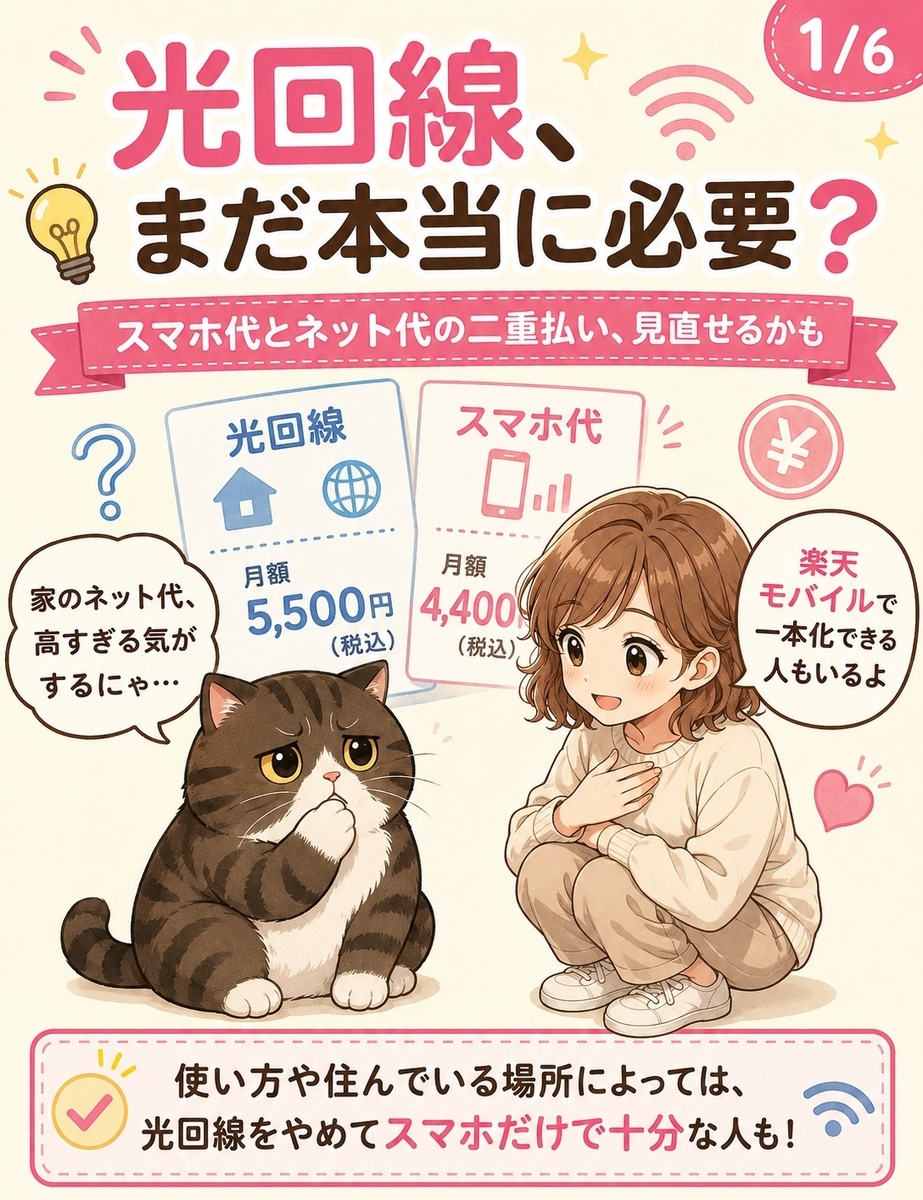光回線とスマホ代の二重払いに悩むこげ茶の猫と、楽天モバイルで一本化の可能性を説明する女の子を描いた導入マンガ画像。