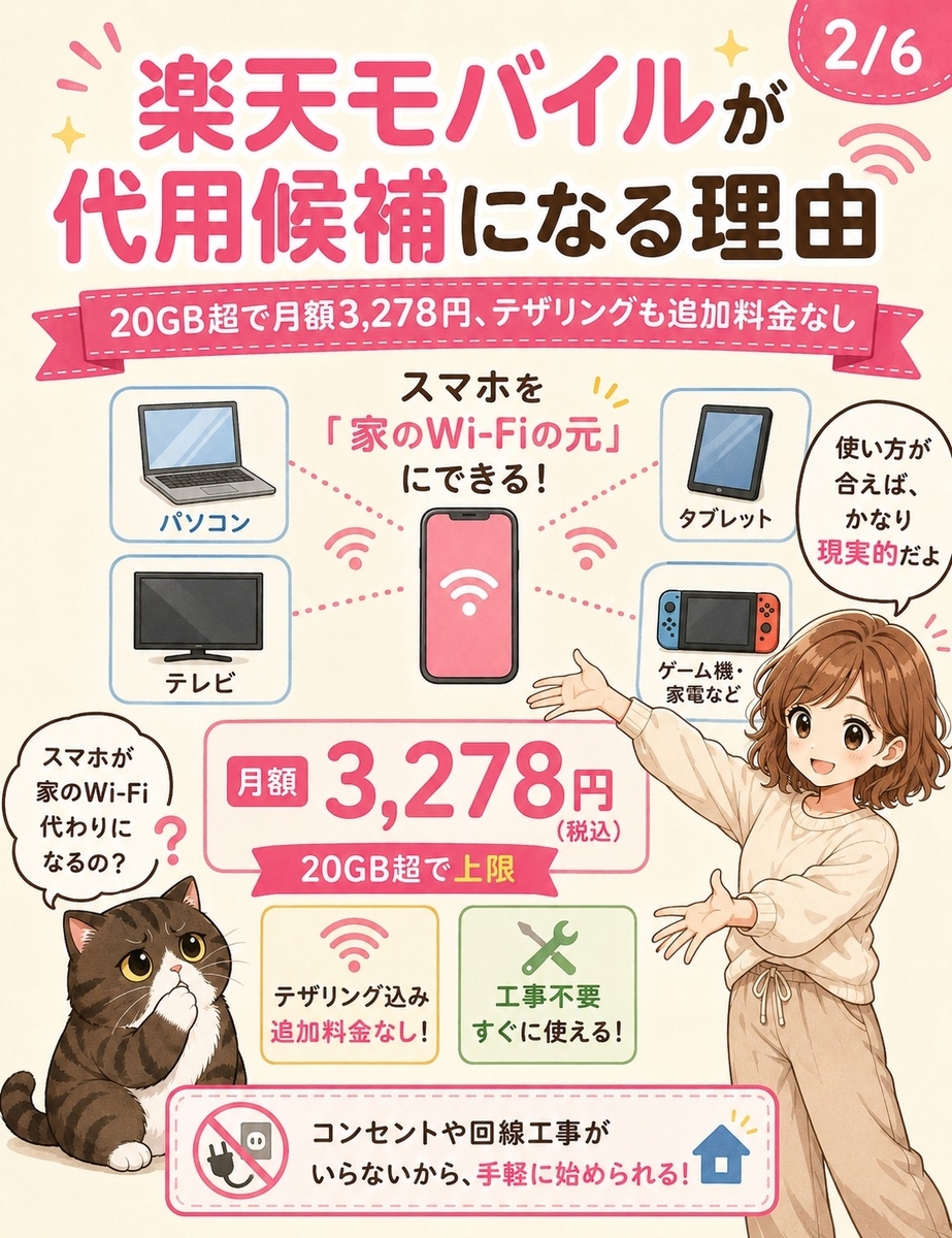 楽天モバイルのテザリングが光回線代用候補になる理由を、月額3,278円とスマホをWi-Fi親機として使う図で解説した画像。