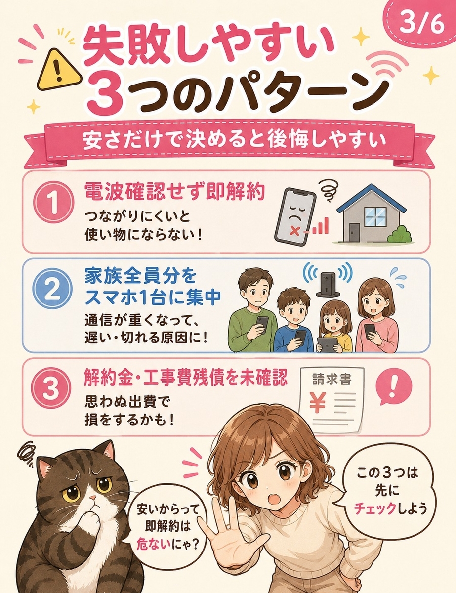 楽天モバイルで光回線代用を考えるときに失敗しやすい3つのパターンを、電波未確認、家族利用、解約条件未確認の観点で整理した画像。
