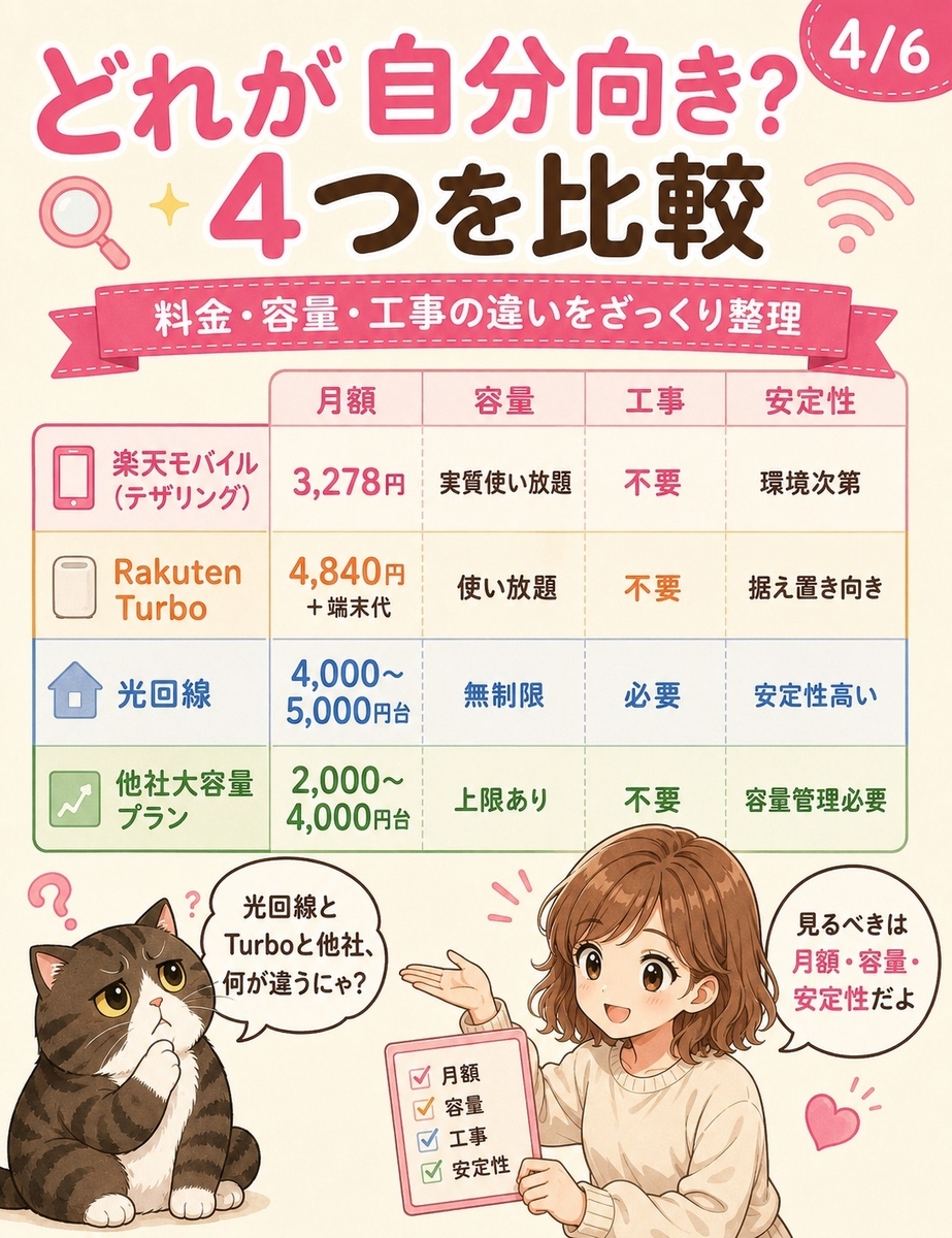 楽天モバイルのテザリング、Rakuten Turbo、光回線、他社プランを月額、容量、工事、安定性で比較した解説画像。