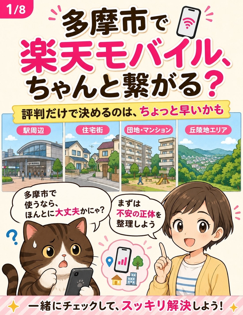 多摩市で楽天モバイルがちゃんと繋がるのか不安に思う猫と、駅前や団地、丘陵沿いなどの生活圏をこれから整理すると伝えるショートヘアの女の子の導入漫画。