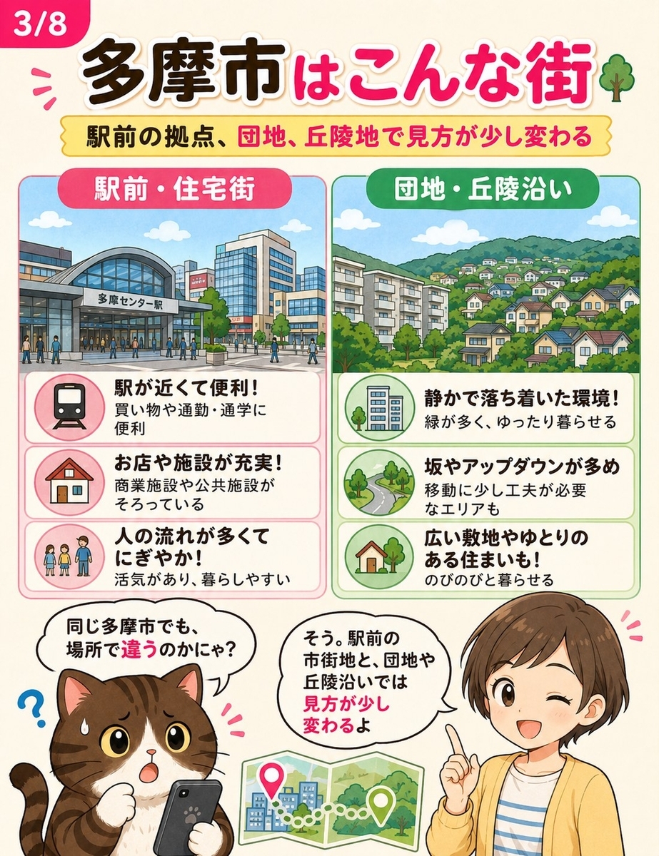多摩市の駅前の拠点、市街地、団地型マンション、丘陵を造成した住宅地などの特徴を対比しながら、電波の見方が場所によって変わることを示す漫画。