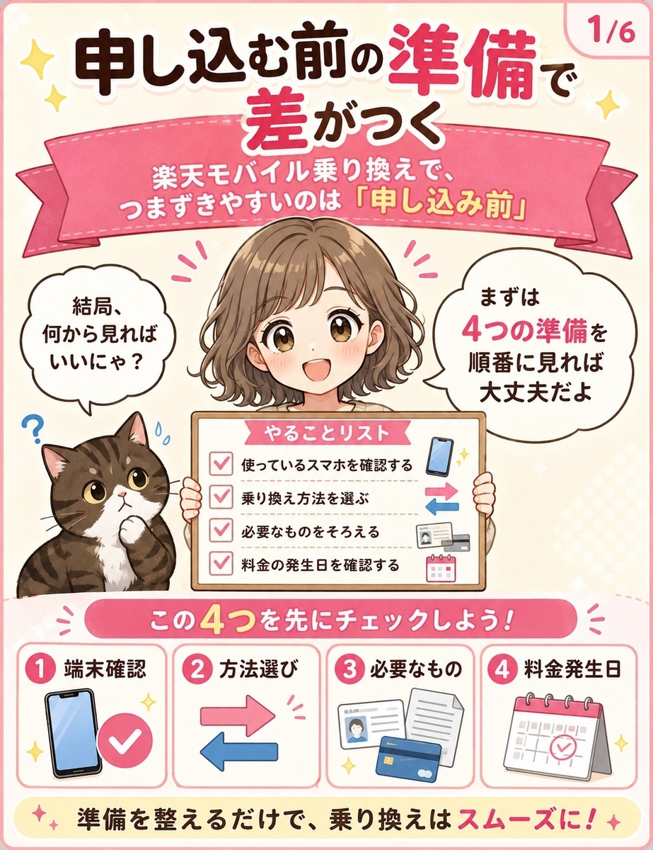 楽天モバイルへの乗り換えは申し込み前の準備が重要だと紹介する導入マンガ。猫が不安を口にし、女の子が4つの準備を見れば大丈夫と案内している。