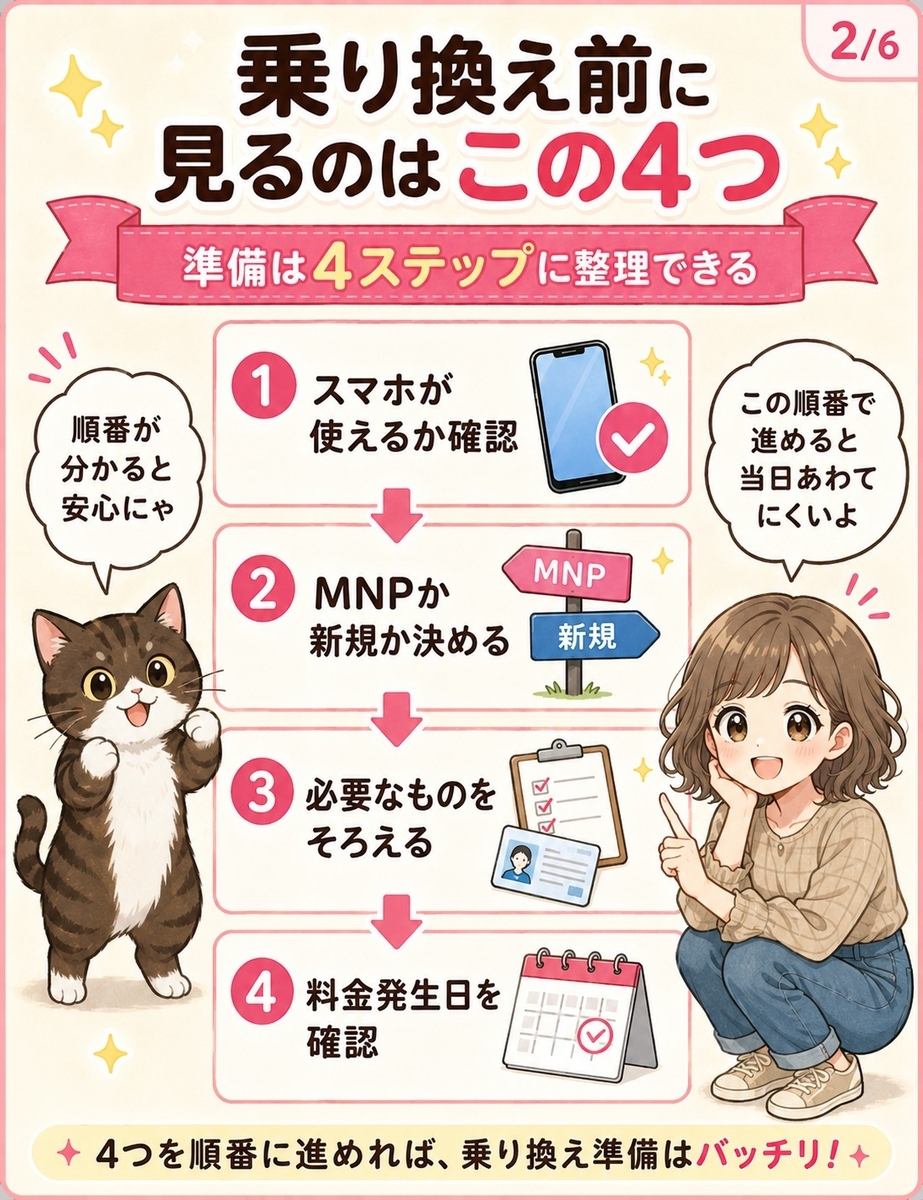 楽天モバイル乗り換え前の4つの準備を一覧でまとめた解説画像。端末確認、MNPか新規かの決定、必要なものの準備、料金発生日の確認を順番に示している。