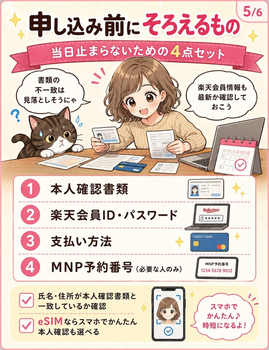 楽天モバイル申し込み前に用意したいものをまとめた画像。本人確認書類、楽天会員ID、支払い方法、必要に応じたMNP予約番号と、会員情報一致の注意点を紹介している。