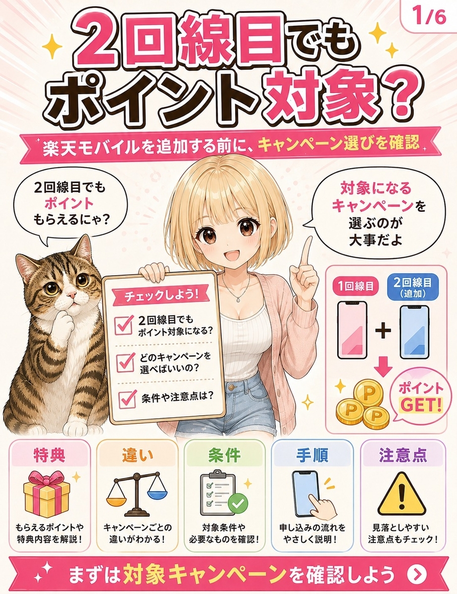 楽天モバイルの2回線目でもポイント対象になるキャンペーンがあることを紹介するマンガ画像。猫が疑問を持ち、女の子がキャンペーン選びの重要性を説明している。
