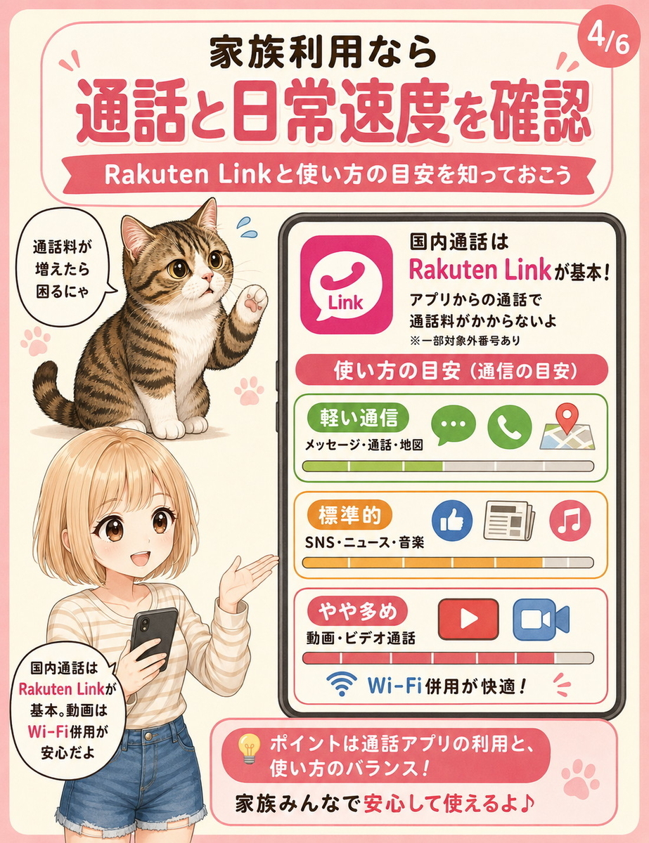 家族利用における通話と通信速度の目安を、Rakuten Linkの使い方と日常的なアプリ利用シーンに分けて整理した解説画像。
