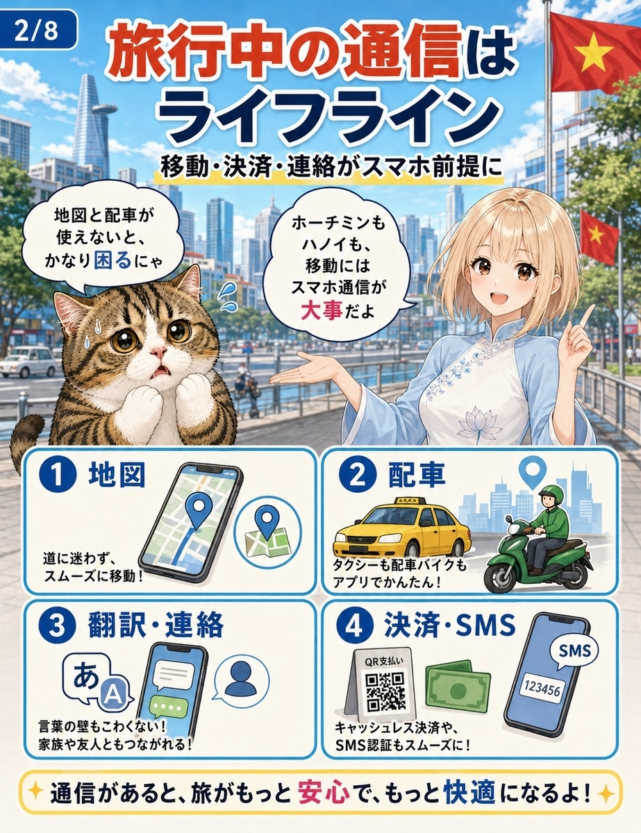 ベトナム旅行中に地図、配車、翻訳、SMS認証などスマホ通信が必要になる場面を4つのカードで整理した漫画解説画像。