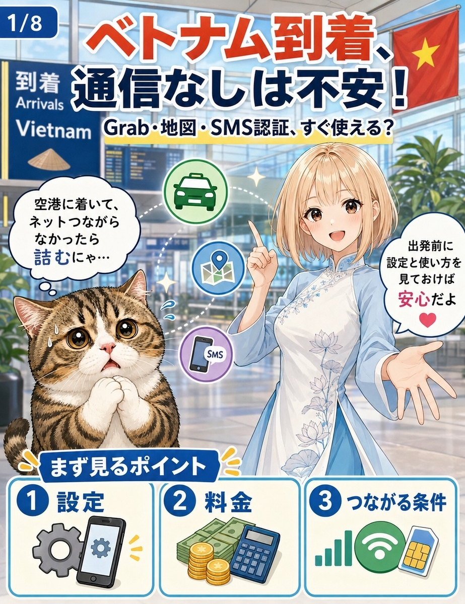 ホーチミン・ハノイ到着直後に通信が使えない不安を、空港ロビーとスマホ、猫とアオザイ姿の女の子で説明する漫画画像。