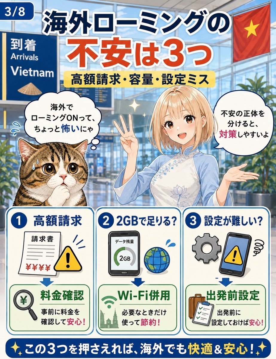 海外ローミングで不安になりやすい高額請求、データ容量、設定ミスの3点を、猫とアオザイ姿の女の子が整理する画像。