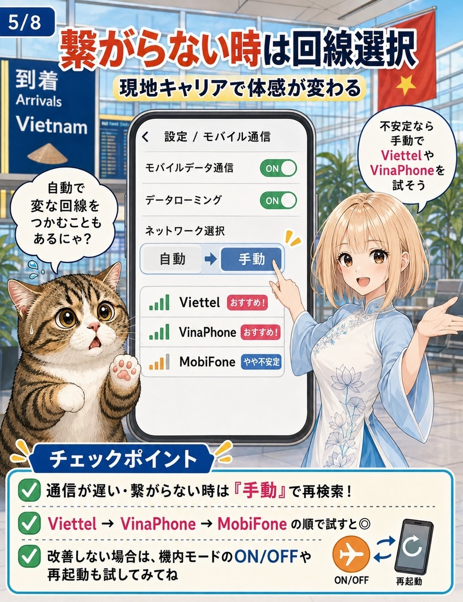 ベトナムで楽天モバイルが繋がりにくい場合に、ViettelやVinaPhoneなど現地キャリアを手動選択する対策を示す画像。
