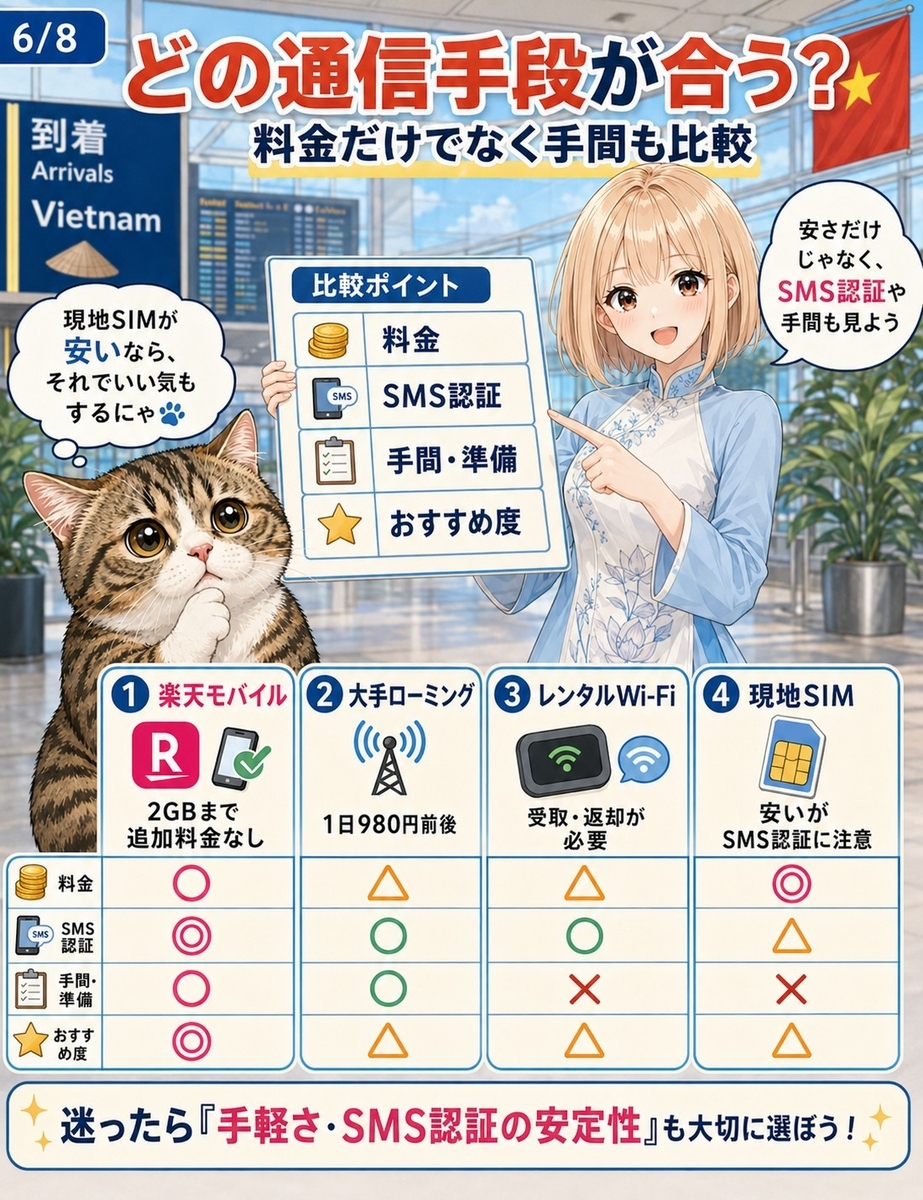 楽天モバイル、大手キャリア海外ローミング、レンタルWi-Fi、現地SIMの料金と手間、SMS認証の違いを比較する漫画画像。