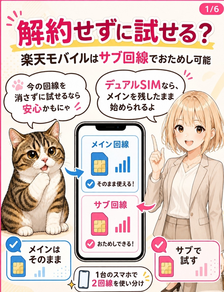 今のメイン回線を解約せずに、楽天モバイルをサブ回線として追加して試せることを、猫と女の子が紹介する導入の漫画画像。