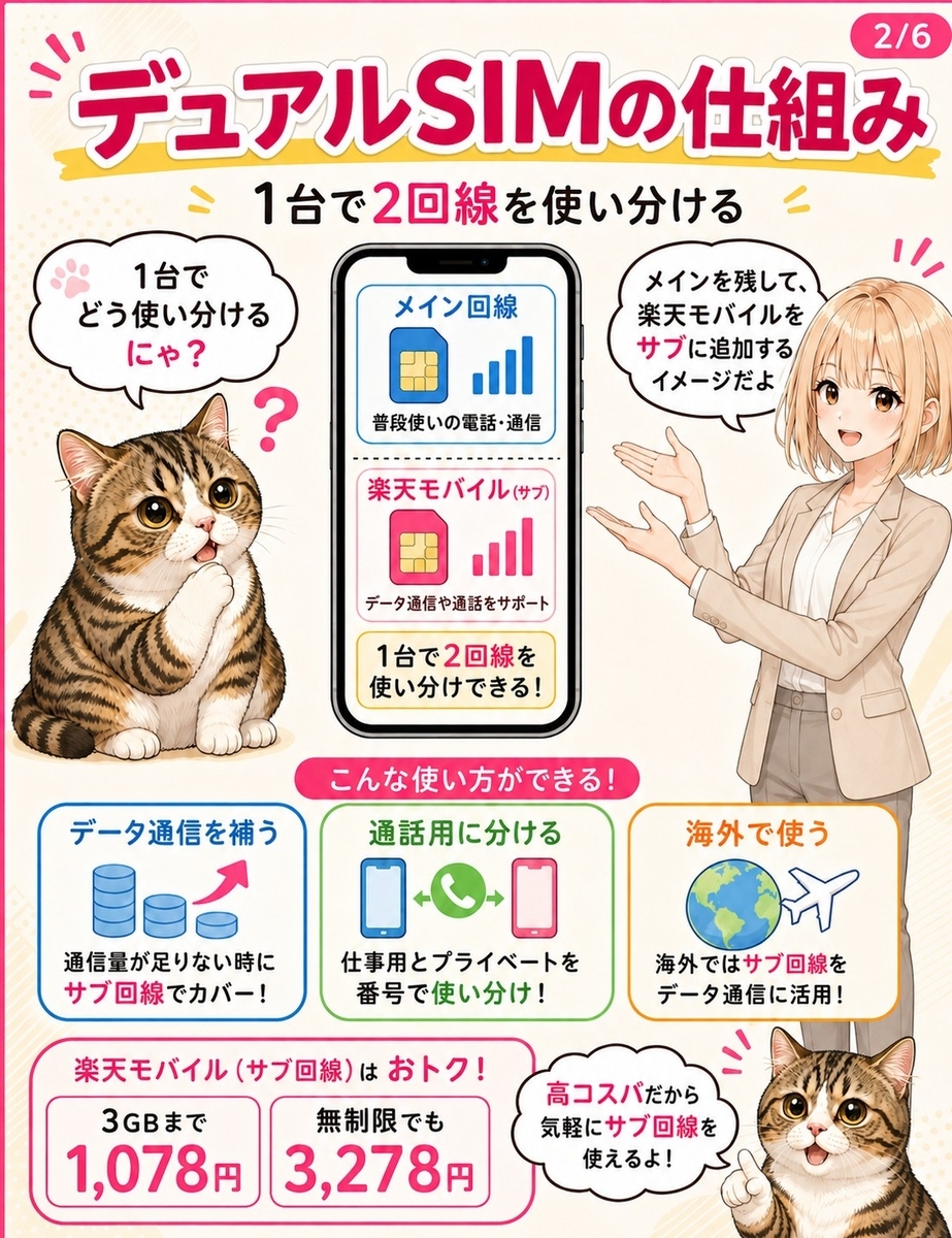 1台のスマホでメイン回線と楽天モバイルのサブ回線を使い分けるデュアルSIMの仕組みと、料金目安を整理した解説画像。