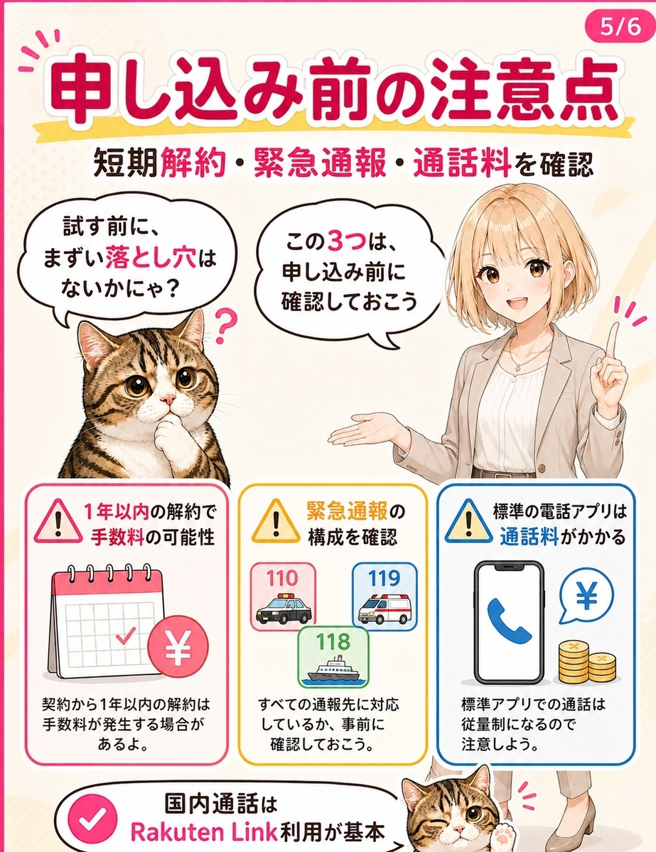 デュアルSIMおためし前に確認したい短期解約の手数料、緊急通報の設定、通話料の注意点を整理した漫画画像。