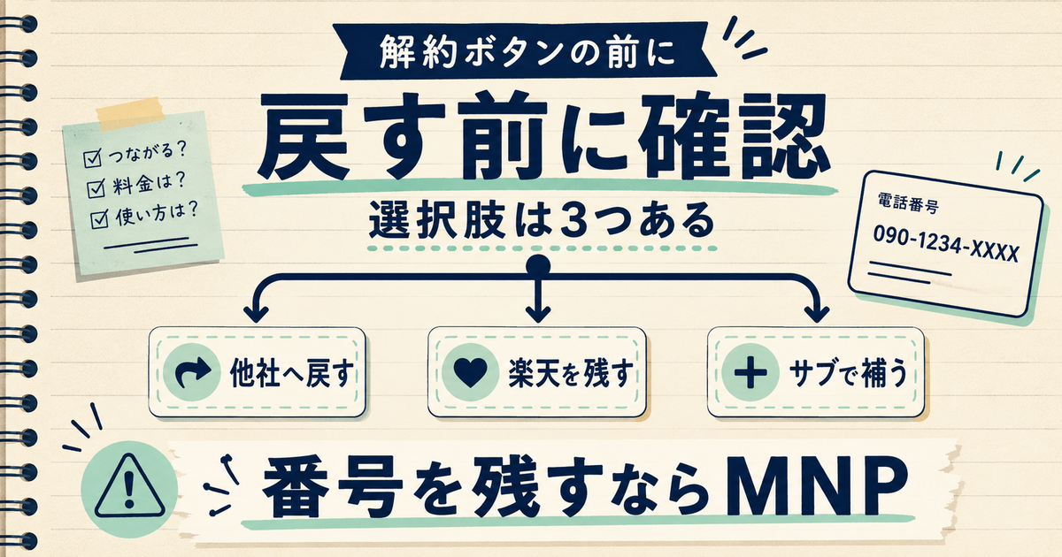 楽天モバイルを戻す前に、他社へ戻す・楽天を残す・サブで補う3つの選択肢と、番号を残すMNPの注意点を整理した横長OGP画像。