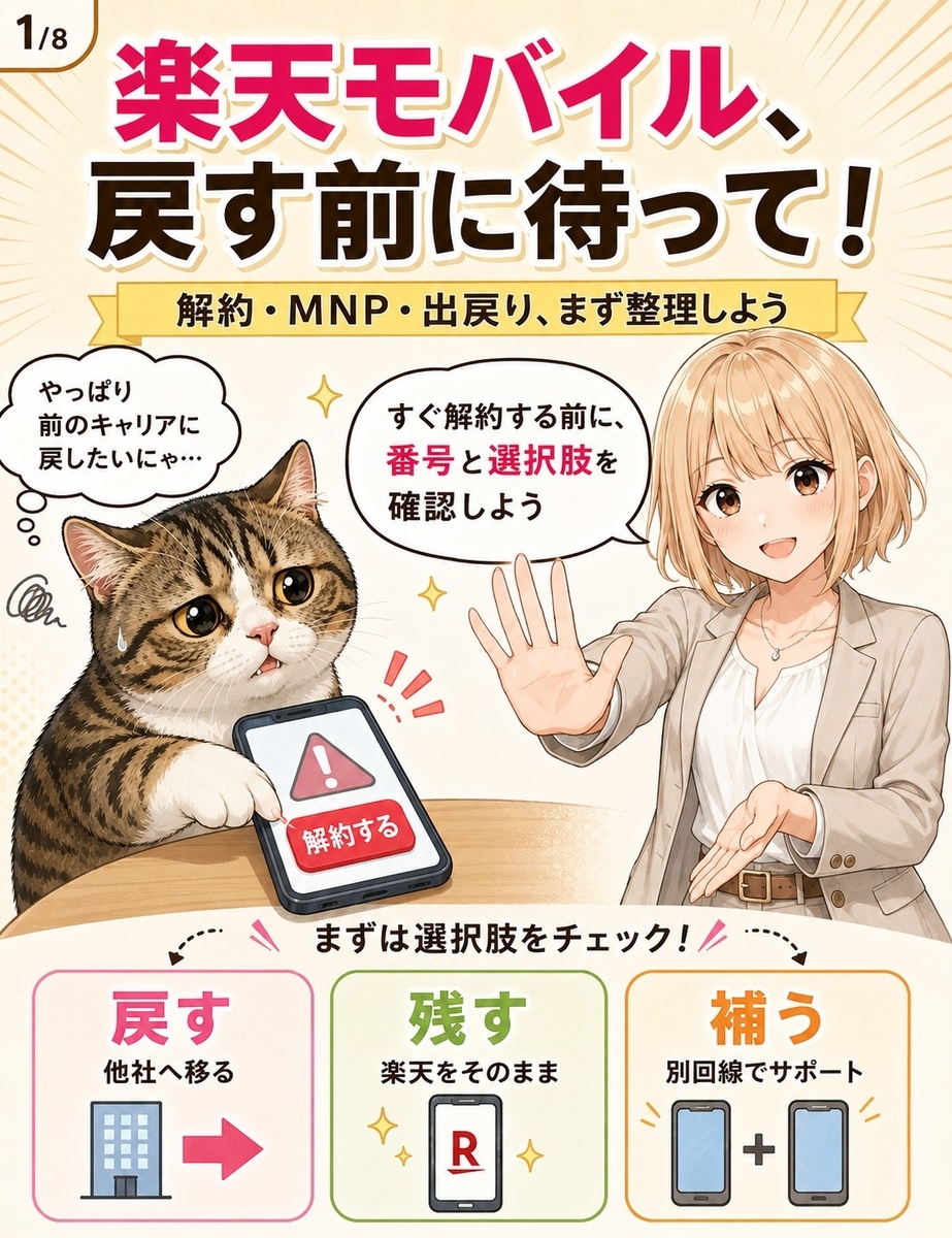楽天モバイルを戻したいと感じたとき、すぐ解約せずにMNPや出戻りなどの選択肢を整理する導入漫画画像。