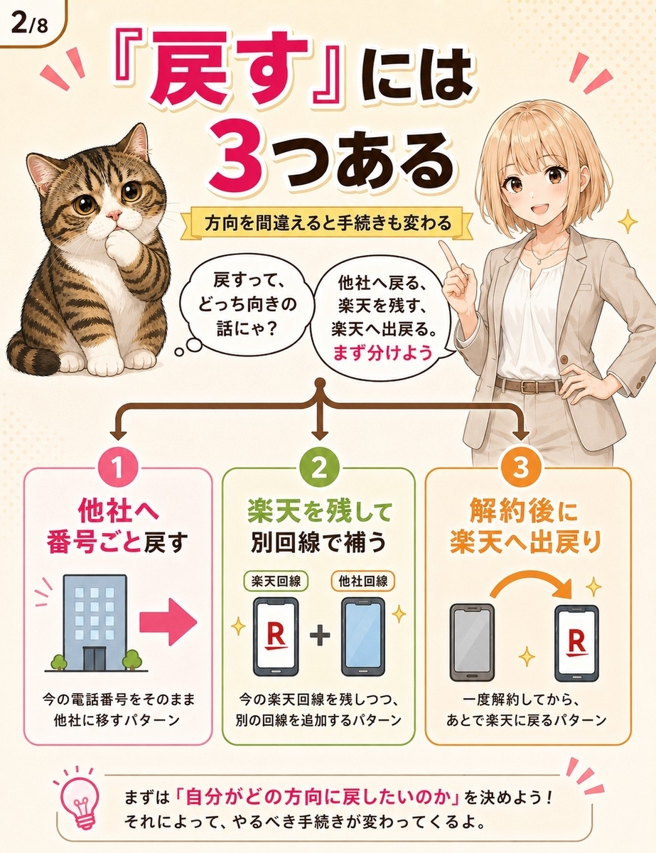 楽天モバイルを戻す意味を、他社へ戻る、楽天を残して補う、楽天へ出戻りする3つの方向に分けて説明する画像。