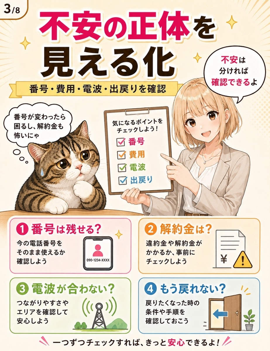 楽天モバイルを戻したい人が抱えやすい番号、費用、電波、出戻りの不安を4つのカードで整理した漫画画像。