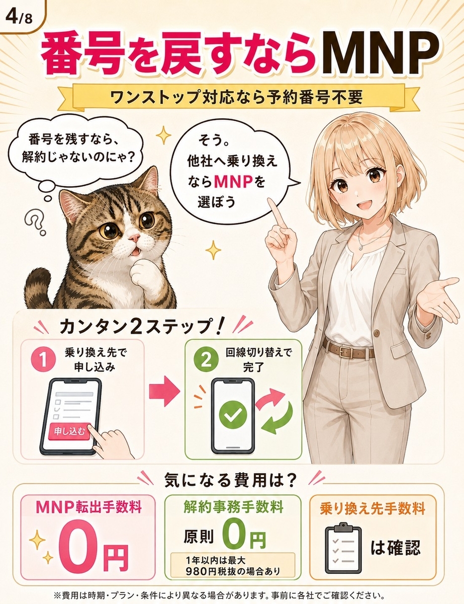 楽天モバイルから他社へ同じ番号で戻す場合のMNP手順と、MNP転出手数料や解約事務手数料の目安を説明する画像。