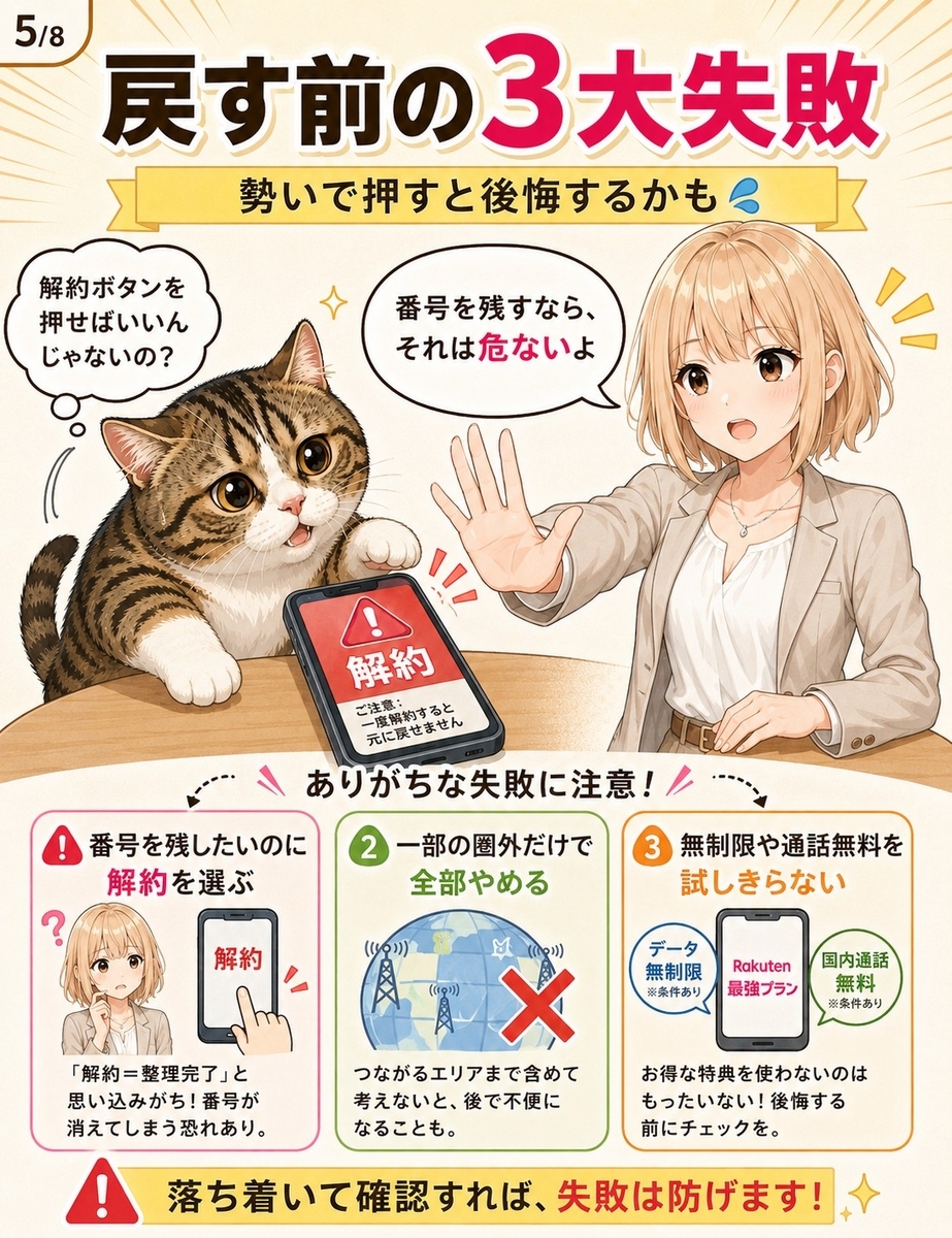 楽天モバイルを戻す前に避けたい、解約ボタンの選択ミス、電波確認不足、強みを試しきらない失敗をまとめた画像。