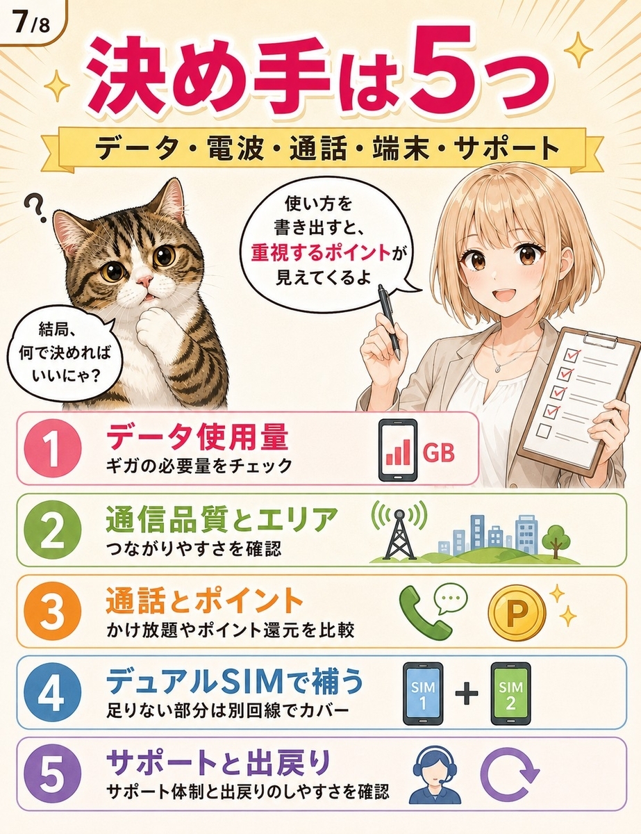 楽天モバイルを他社へ戻す、主回線で残す、サブ回線で補う3つの選択肢を比較して整理する漫画解説画像。