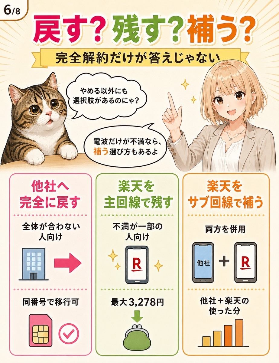 楽天モバイルを他社へ戻す、主回線で残す、サブ回線で補う3つの選択肢を比較して整理する漫画解説画像。