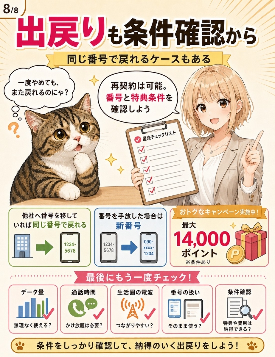 楽天モバイルへの出戻り再契約や最大14,000ポイントの紹介特典条件を確認し、戻る前の最終チェックを促す画像。