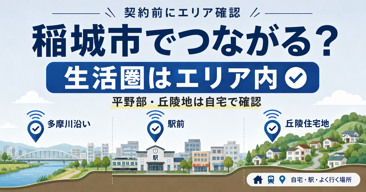 稲城市で楽天モバイルがつながるかを、多摩川沿い・駅前・丘陵住宅地の地形差と生活圏チェックで整理した横長OGP画像。