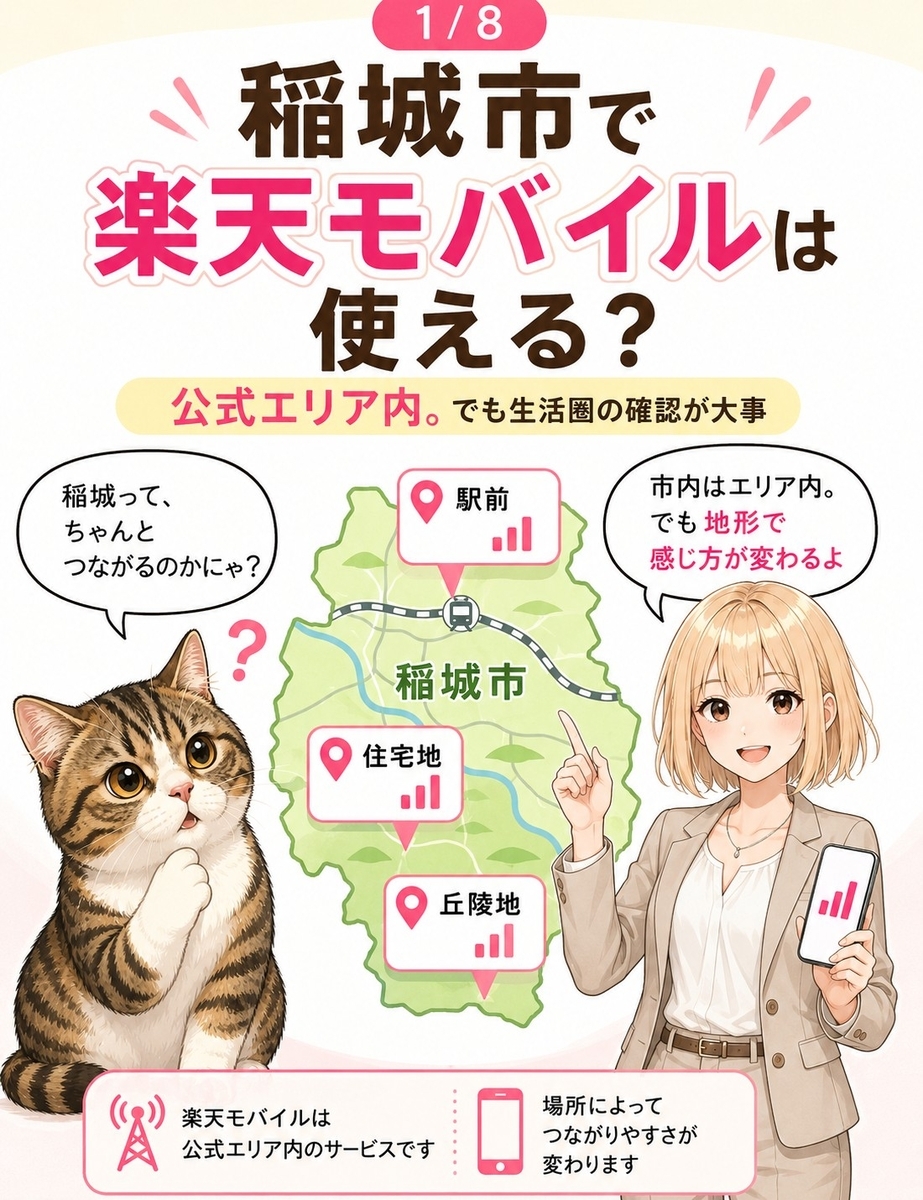 稲城市で楽天モバイルが使えるかを、公式エリア内であることと生活圏確認の必要性から説明する導入漫画画像。