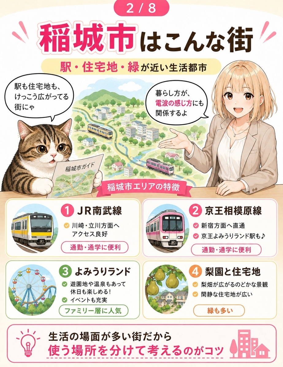 稲城市の駅、住宅地、よみうりランド、梨園などの街の特徴を整理し、楽天モバイル検討の前提を説明する画像。