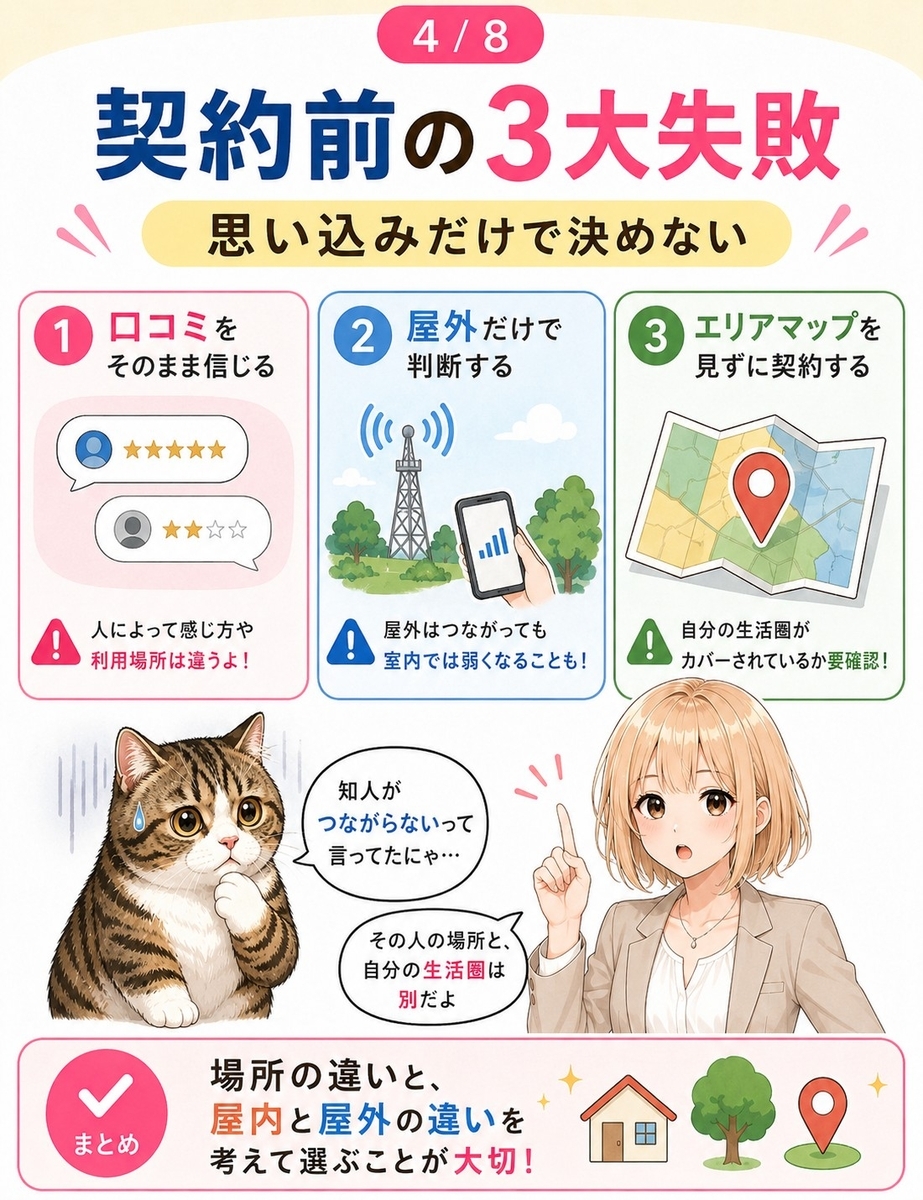 稲城市で楽天モバイルを契約する前に避けたい、口コミ判断、屋外だけの確認、エリア未確認の3つの失敗を示す画像。