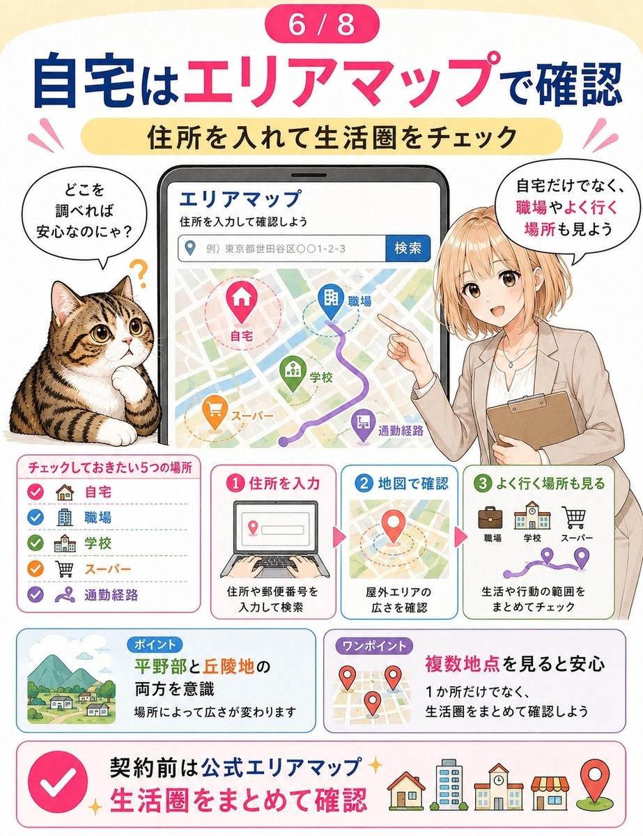 楽天モバイル公式エリアマップで稲城市の自宅、職場、学校、スーパー、通勤経路を確認する手順を示した画像。