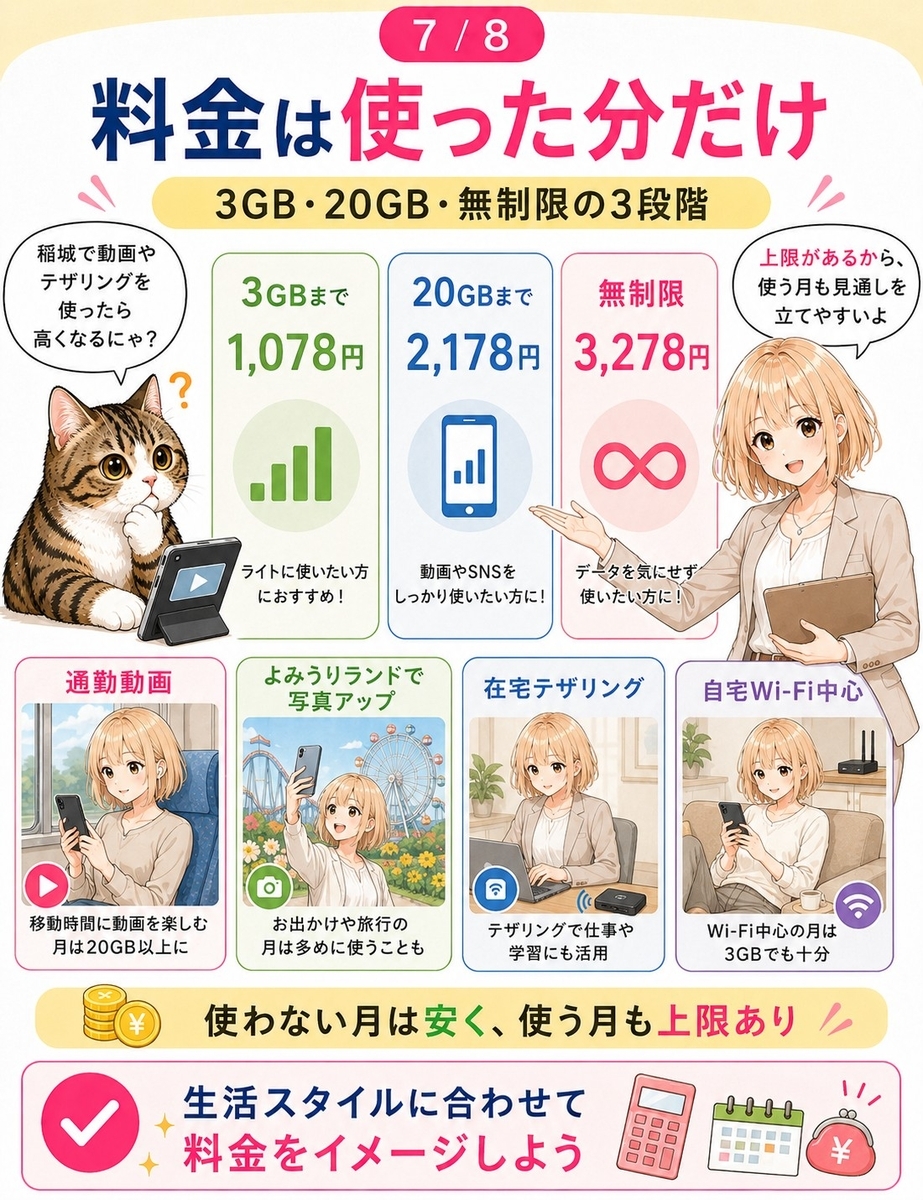 稲城市で楽天モバイルを使う場合の3段階料金と、通勤動画、よみうりランド、在宅テザリングなどの使い方を説明する画像。