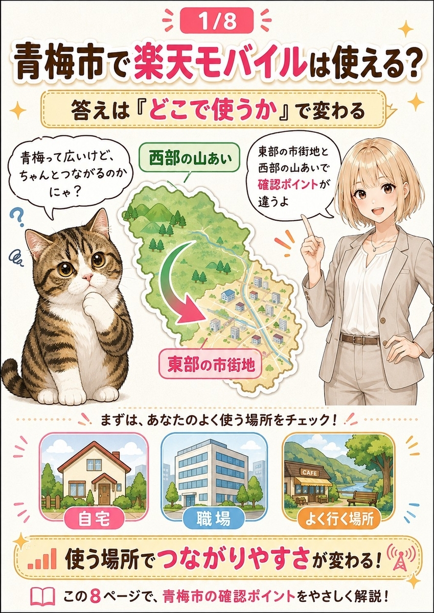 青梅市で楽天モバイルが使えるかは、市街地と山あいなど使う場所によって確認ポイントが変わることを説明する導入画像。