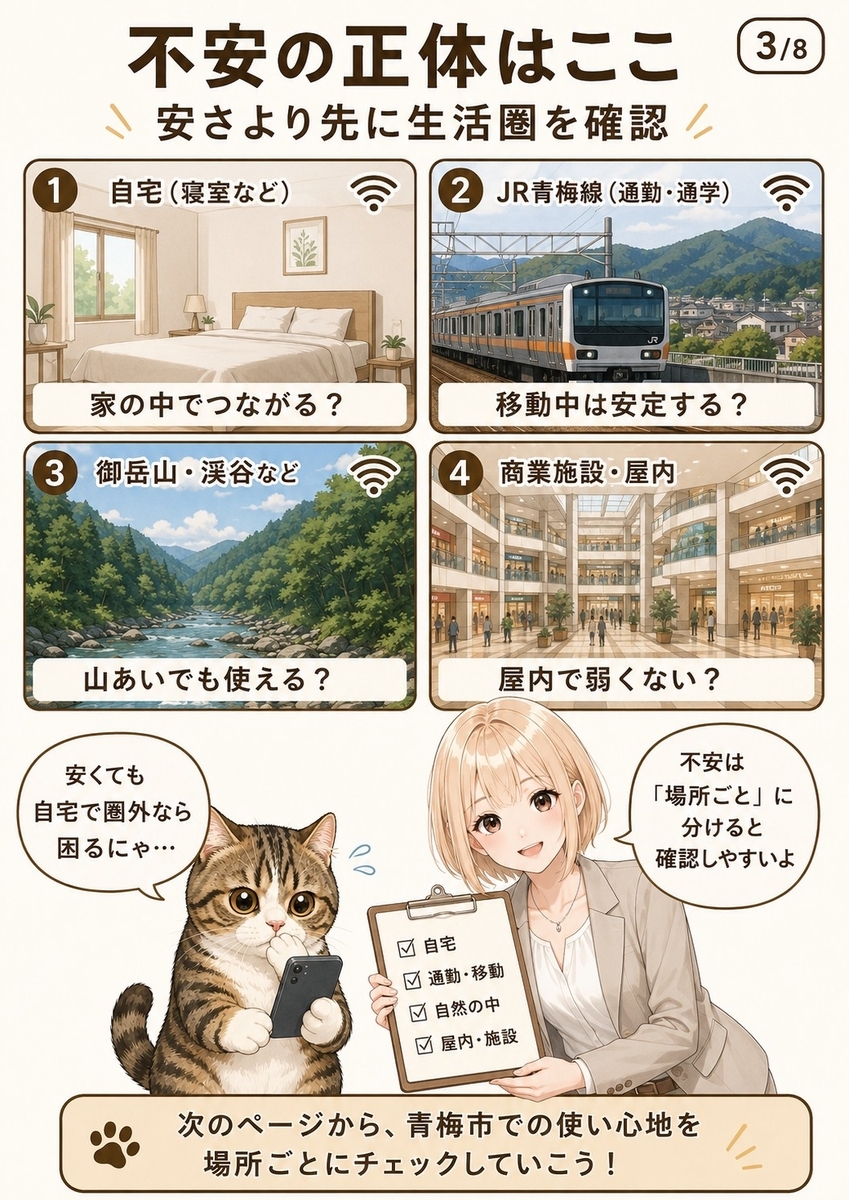 青梅市で楽天モバイルを検討する人の不安を、自宅、青梅線、御岳山、商業施設など利用場所ごとに整理した画像。