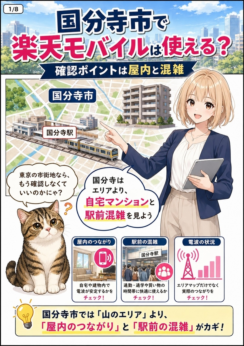 国分寺市で楽天モバイルを検討する際、確認ポイントが屋内と駅前混雑にあることを猫と女の子が説明する導入画像。