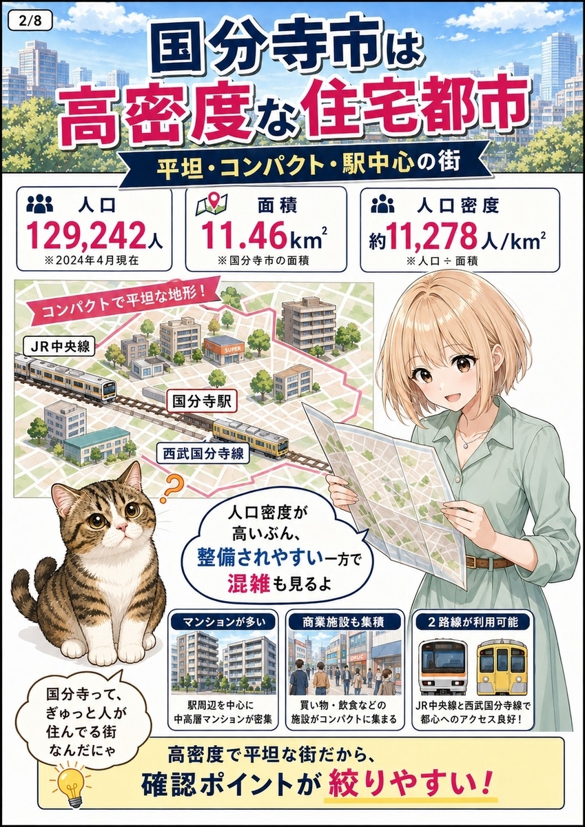 国分寺市が人口密度の高い平坦でコンパクトな住宅都市であることを、駅や住宅地のイラストで説明する漫画画像。