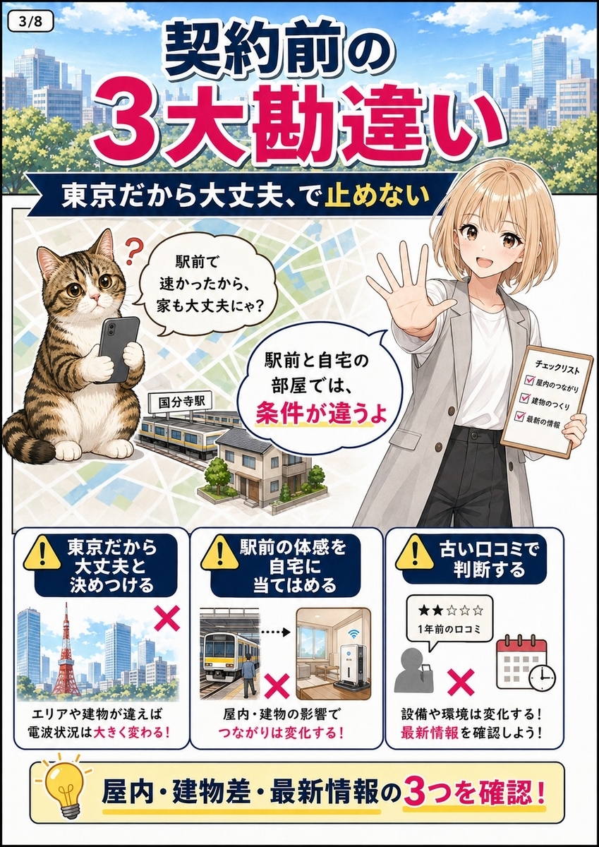 楽天モバイルを国分寺市で契約する前に避けたい、東京だから大丈夫、駅前体感、古い口コミの3つの勘違いを示す画像。